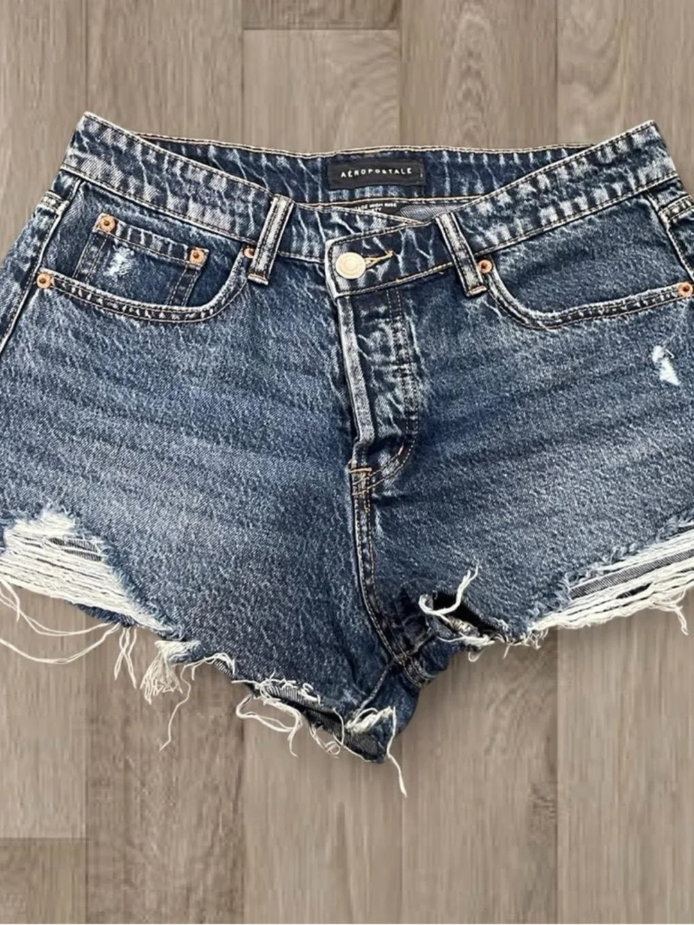 Aeropostale Distressed Dark Blue Button-Front Jean Shorts - Picture 2 of 3